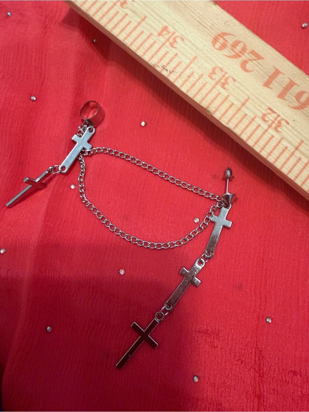 Silver Cross Chain Dangle Earrings - Double Cross Design
